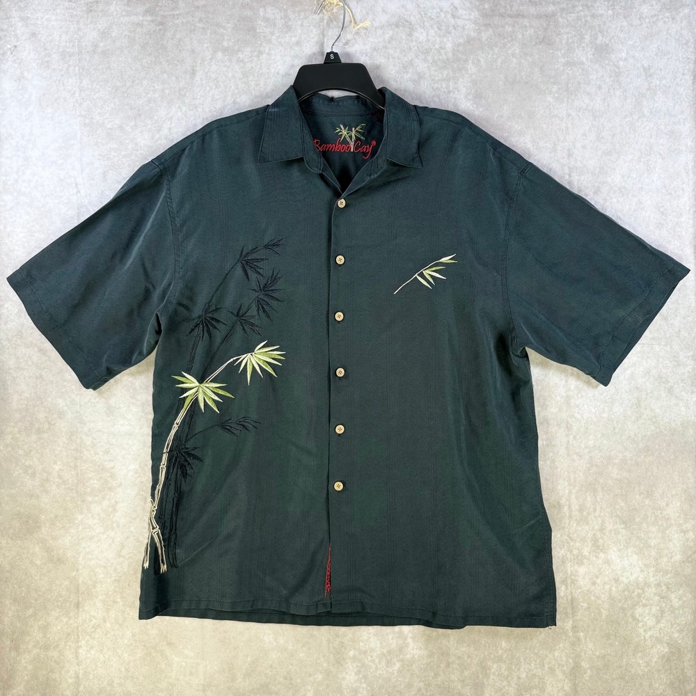 Bamboo Cay Button Down Shirt Mens Large Black Bamboo Embroidered Modal Blend